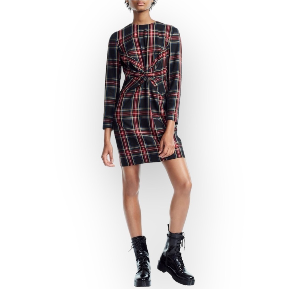 Maje Red and Black Plaid Twist Front Dress size Medium